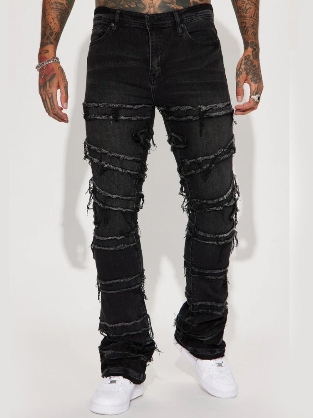 Nova Men Fray Stacked Skinny Flare Black Wash Jeans - Size 32 - NWT